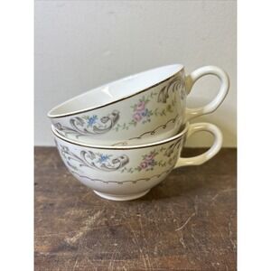Set 2 Paden City Pottery Duchess Tea Cups Multicolor Floral Scroll Gold Trim